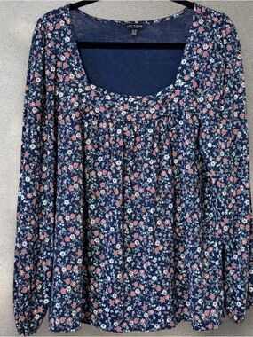 Lucky Brand Women's Navy Blue Floral Boho Peasant Long Sleeve Knit Top Size XL